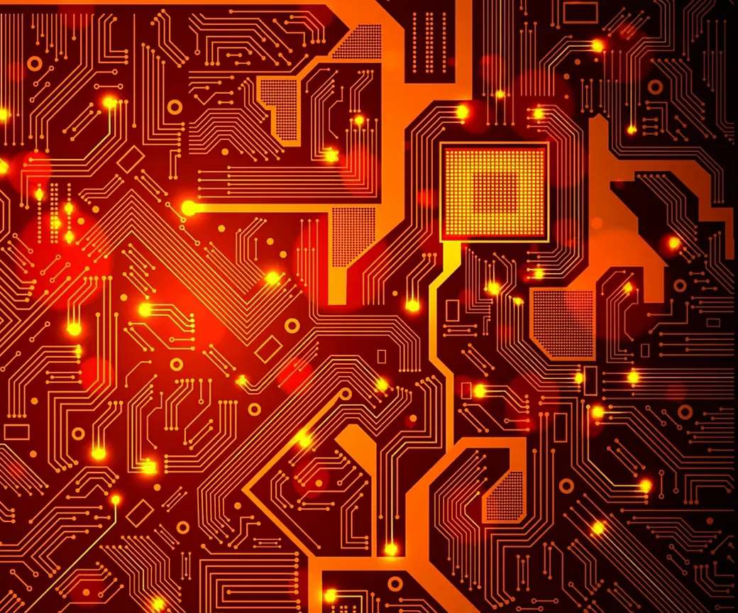 Platine mit Chip und leuchtenden Leiterbahnen
